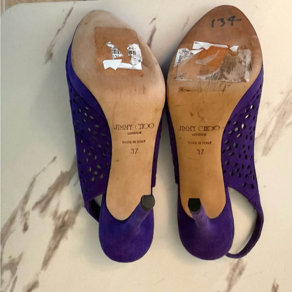 Jimmy Choo Nova Purple Suede Lazer Cut Heels, Size 37 (7 US,) EUC - Picture 10 of 10